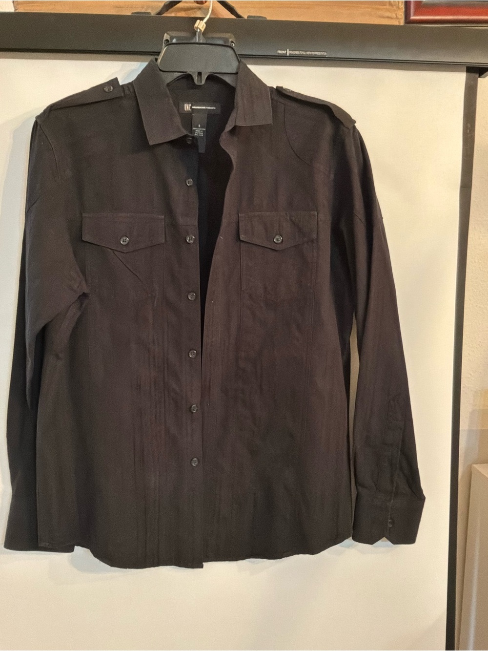 INC International Concepts Black Military-Style Button Shirt Jacket